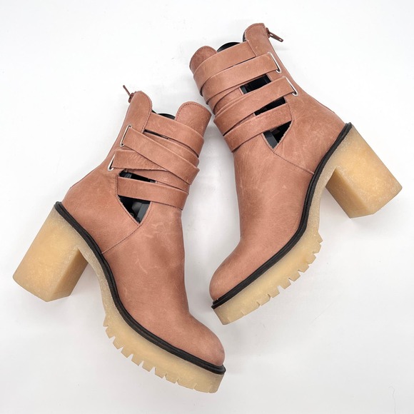 FREE PEOPLE Jesse Cut Out Boot Womens 38.5 8 English Tan Chunky Lug Sole Strappy - Picture 9 of 12